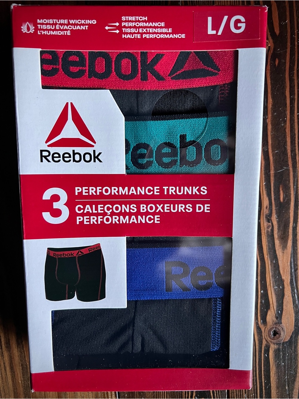 REEBOK • men’s 3-pack Performance Trunks boxer briefs underwear tag-free Large